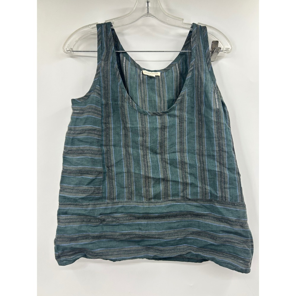 Eileen Fisher Womens Linen Striped Tank Top Teal Green Blue Sleeveless Small
